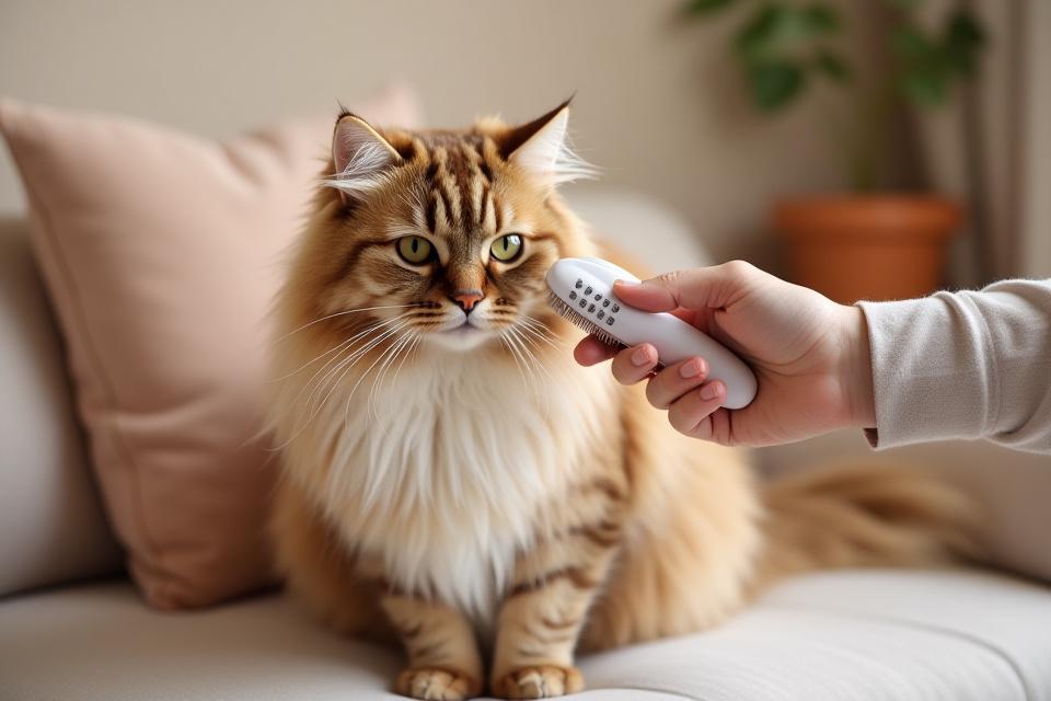 A long-haired cat being gently brushed