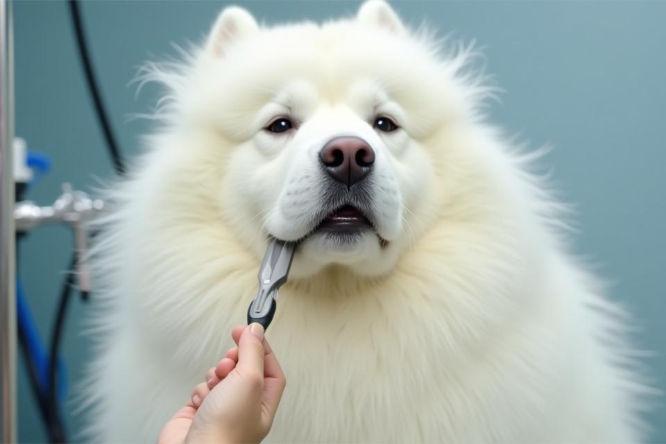 A fluffy dog being deshedded with a special tool