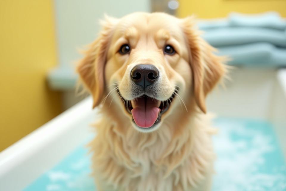 Happy dog enjoying a bath at a grooming salon