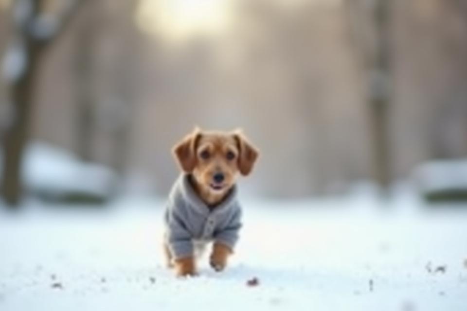 Dog wearing a sweater, walking in a snowy park