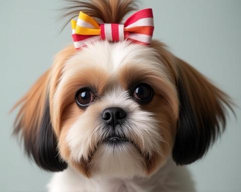 An adorable Shih Tzu wearing a cute bow tie after a professional grooming session