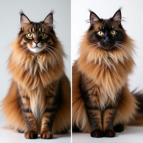 Split image: Left side shows a tangled Maine Coon, right side shows the same cat with a majestic, de-shedded coat