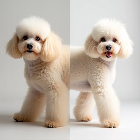 Split image: Left side shows a shaggy poodle before grooming, right side shows the same poodle immaculately groomed