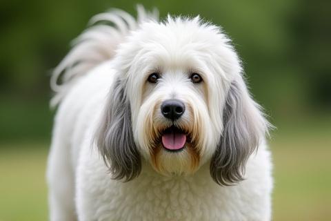 A large, fluffy Old English Sheepdog with a perfectly groomed coat