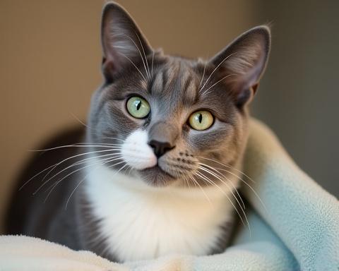A sleek short-haired cat looking clean and relaxed after a bath