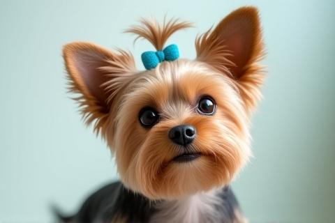 A small Yorkshire Terrier with a stylish, fresh haircut and bow