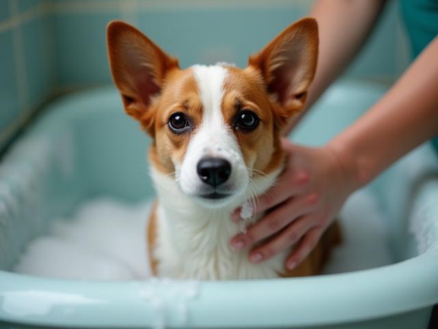 Small dog enjoying a bath