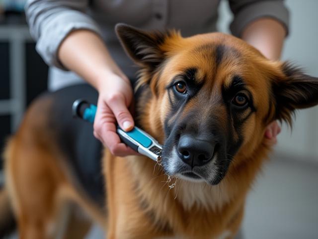 Dog being brushed for de-shedding treatment