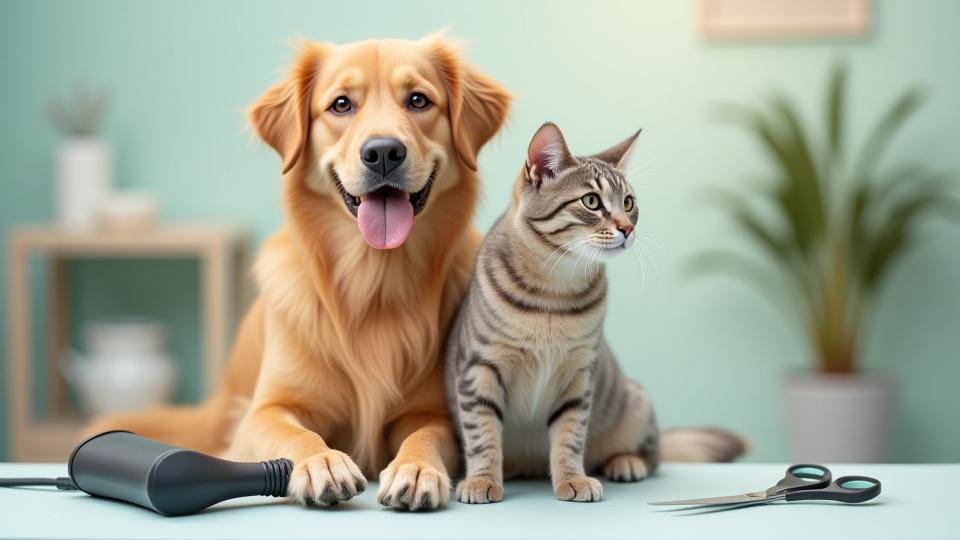 Happy dog and cat next to professional grooming tools
